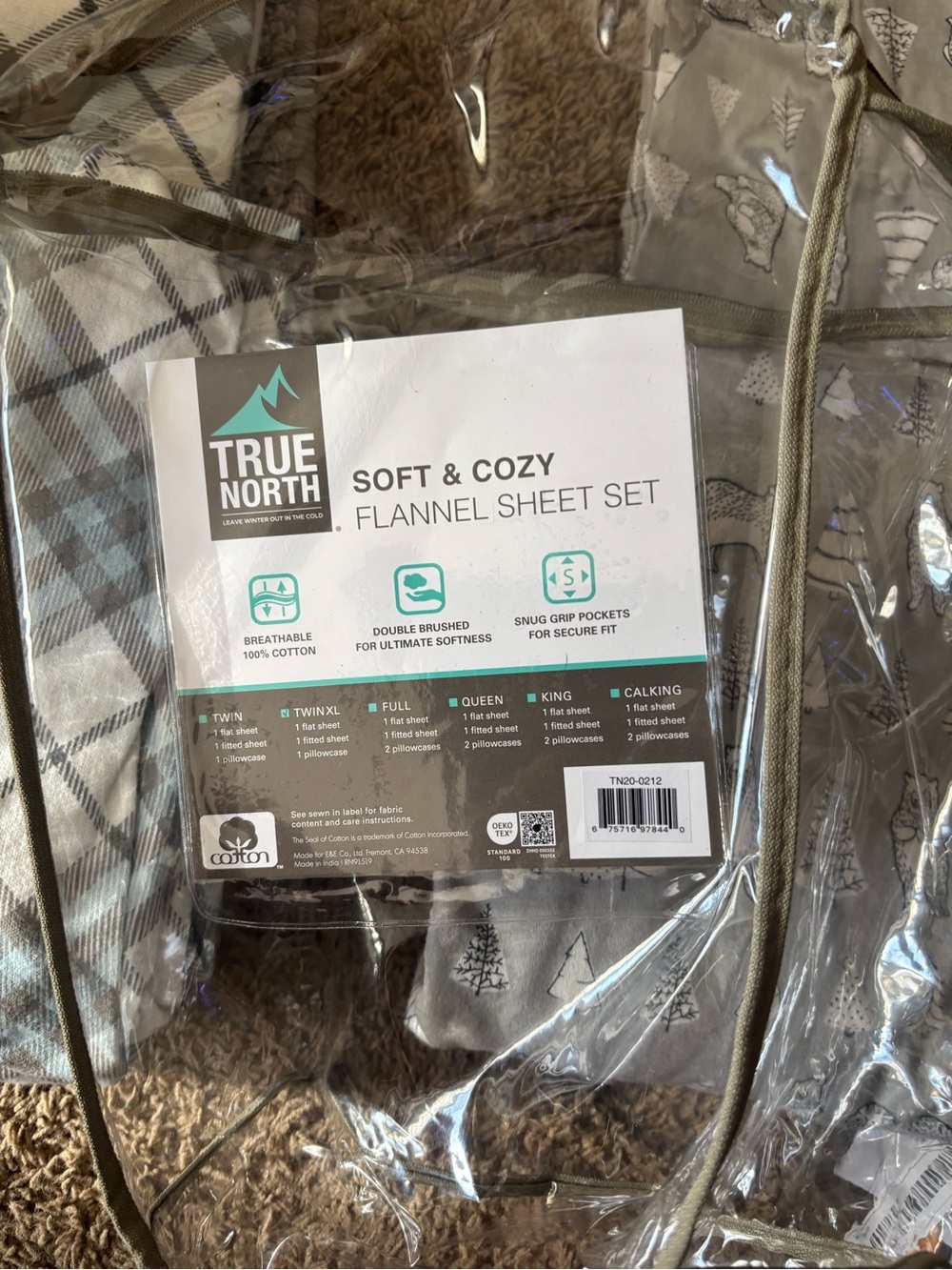 True North Soft & Cozy Flannel fitted sheetGray Plaid & Tree Print & pillow case